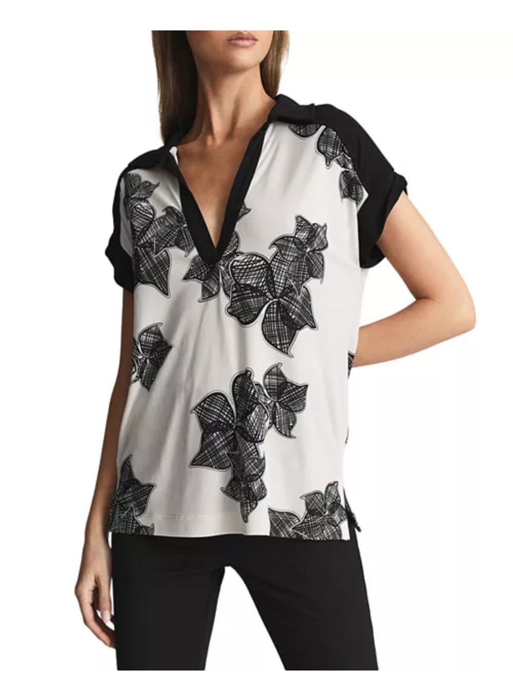 $199 Reiss Daria Printed Open Collar Top black and blues size Small